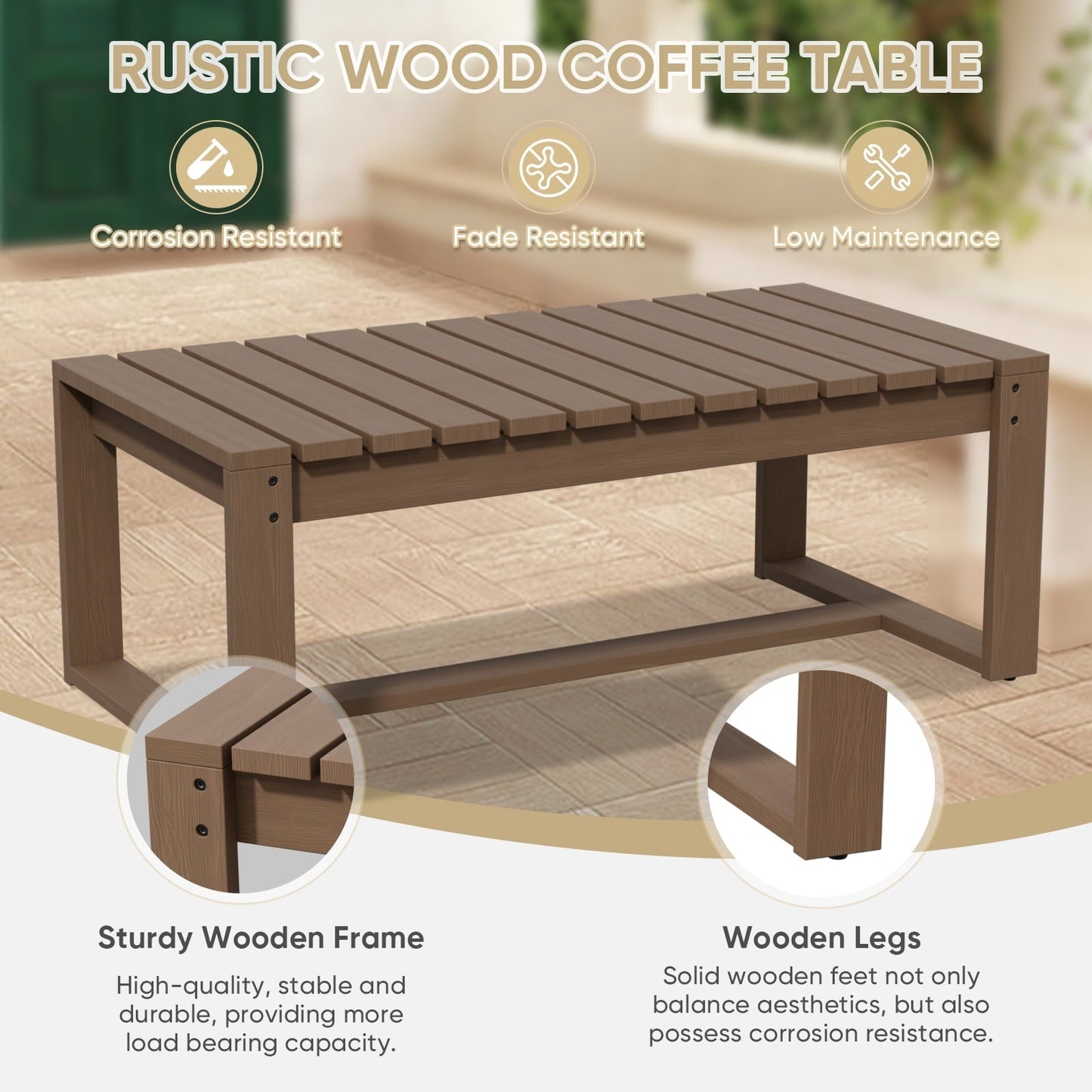 COOS BAY Modern Outdoor Patio Coffee Table, Natural Real Wood Cedar Table, All Weather Outdoor Rectangular Table
