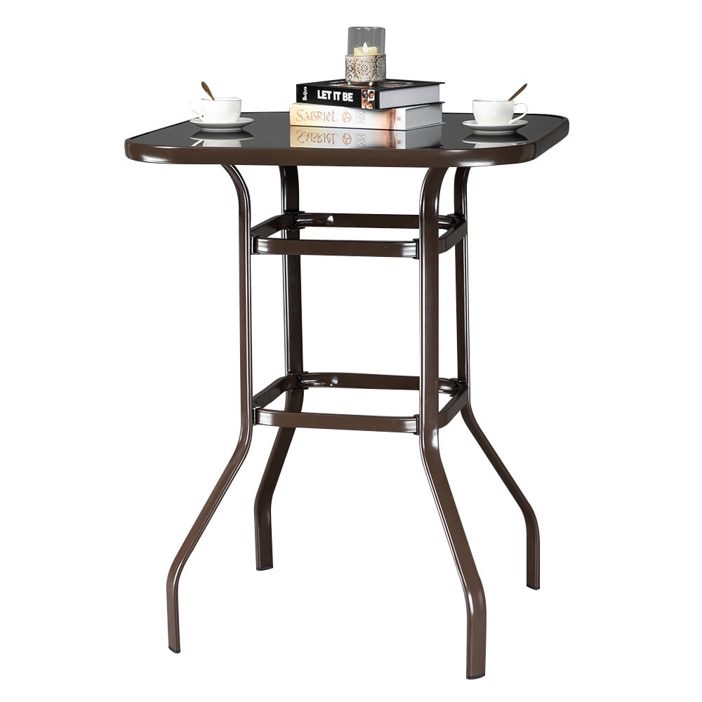 Commercial Grade Wrought Iron Bar Table 40" Height - 5mm Tempered Glass Top Patio Counter Table with Double Ring Frame, Matte Brown, 200lb Capacity