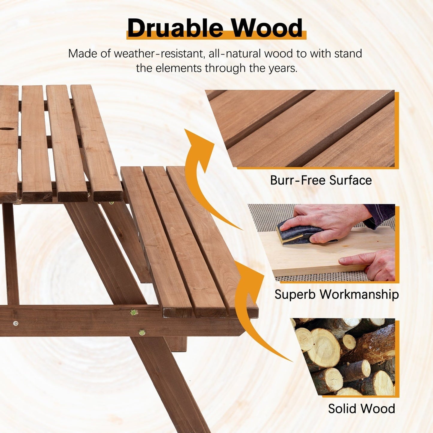 75 Inch Picnic Table, 8-Person Wooden Picnic Table with 2 Built-In Benches, Outdoor Camping Dining Table for Backyard, Garden, Patio, DIY Assembly, 2220 lbs Capacity, Brown