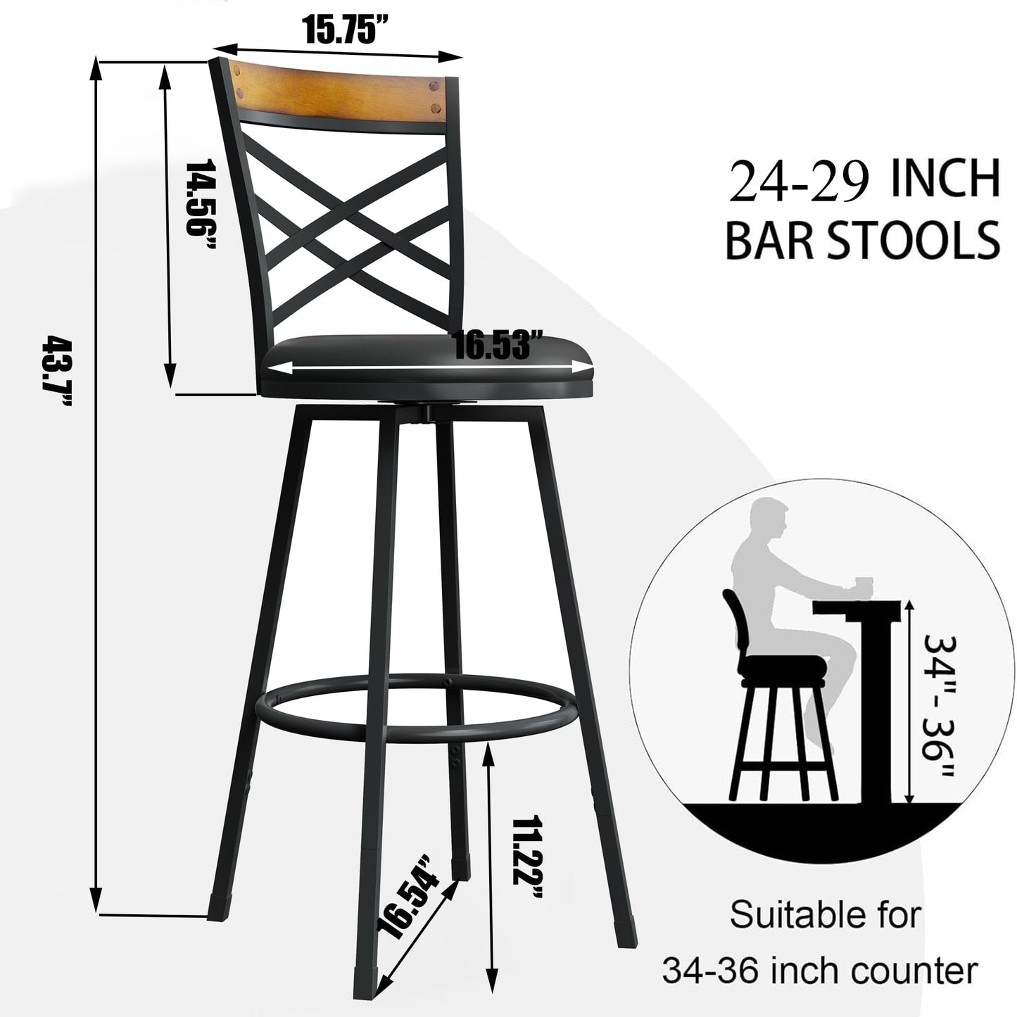 BOSHIRO Swivel Bar Stools Set of 2, 24–29” Adjustable Height Leather Kitchen Counter Chairs, 360° Rotation, Antique Bronze Frame, Black