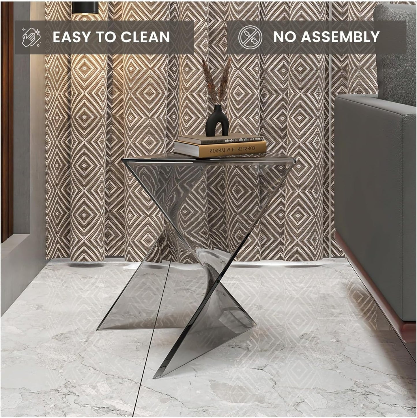 LeisureMod 17" Smoke Stackable Side Table - Modern Triangular Accent End Table for Indoor & Outdoor Use, Weather-Resistant Plastic Design for Living Room, Backyard, or Lawn