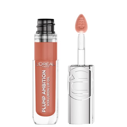 L'OREAL PARIS Plump Ambition Hyaluron Lip Oil, 24 HR Lip Gloss with Hyaluronic Acid, Volumizing Formula with Glass-Like Shine, Latte Glace 641, 0.16 Fl Oz