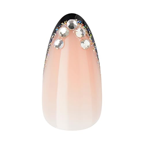KISS Masterpiece French Tip Press On Nails, Black, Medium Almond, 12 Jeweled Accents, Glossy Finish Nail Kit Contains 30 Fake Nails, Pink Gel Nail Glue 2g (0.07 Oz.), Manicure Stick, & Mini Nail File