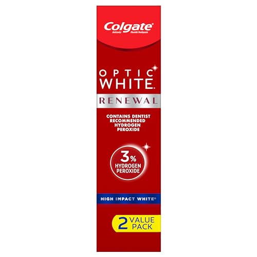 Colgate Optic White Renewal Teeth Whitening Toothpaste with Fluoride, 3% Hydrogen Peroxide, High Impact White, Mint - 3 Ounce (2 Pack)