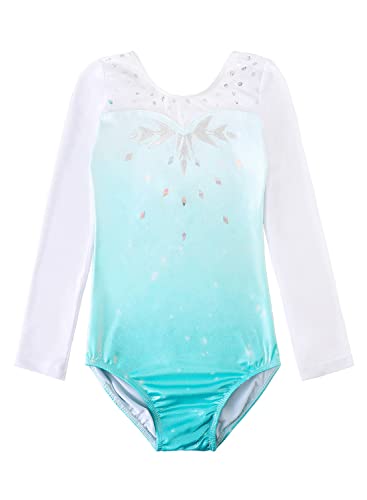 HOZIY snowflake leotards for girls gymnastics long sleeve 5t size 5-6 year old aqua blue tumbling outfits embroidery kids leo dance clothes clothing apparel shiny