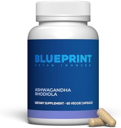 Blueprint Bryan Johnson Ashwagandha & Rhodiola Longevity Adaptogen Supplement - 600mg Ashwagandha, 300mg Rhodiola Rosea Extract (3% Rosavins/1% Salidroside) - Supports Calm, Energy&Cognition – Non-GMO