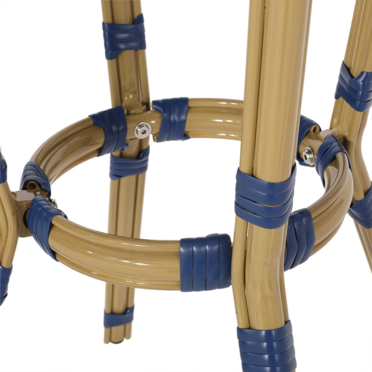 IVV 21.75” Round Bistro Dining Table with Aluminum Frame and Rattan Top in Blue/White, French Country Style for Indoor/Outdoor Use