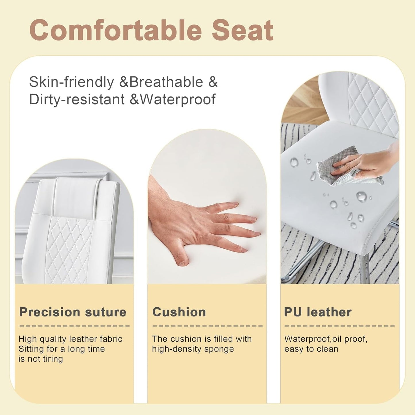 JUFU Modern White Dining Chairs Set of 4, Faux Leather High Back with Chrome Legs