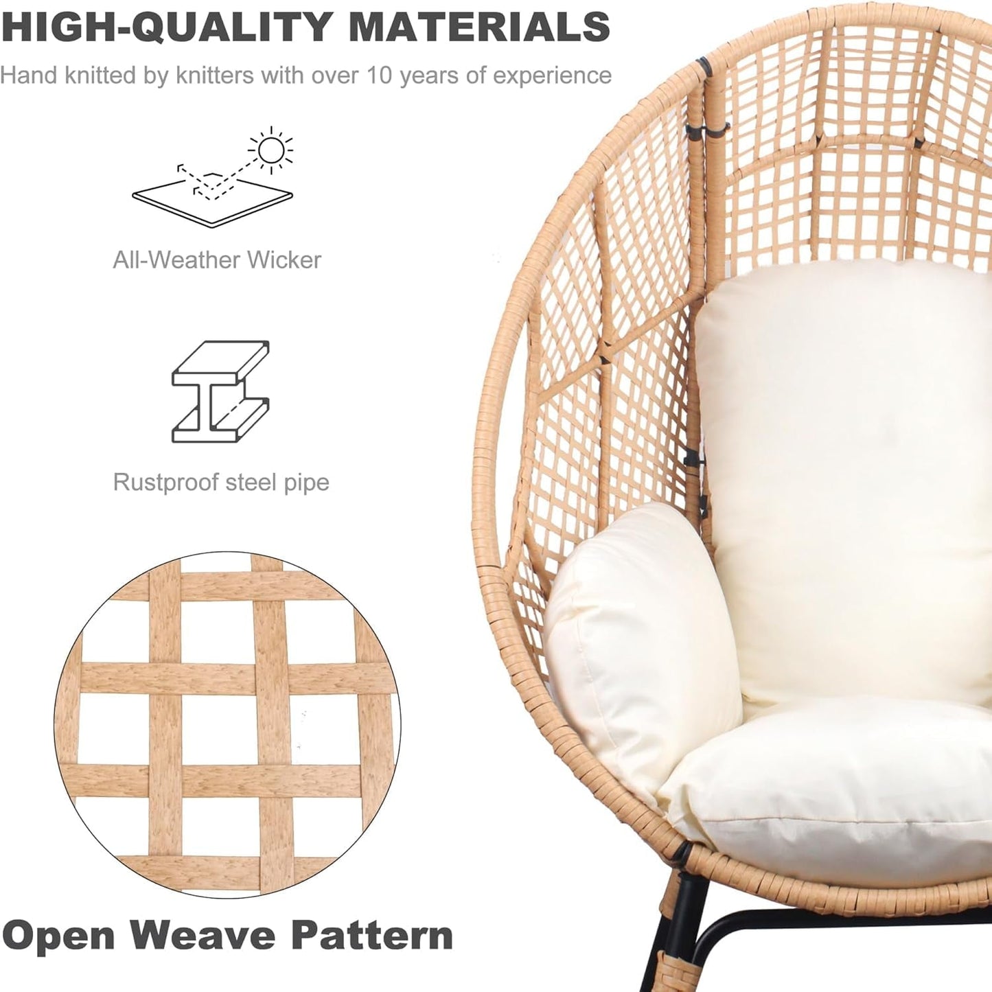 CHINNLUU Oversized Egg Chair with Thick Cushion Ergonomic Wicker Lounge Chair for Living Room, Balcony - 500lbs Capacity Indoor/Outdoor Rattan Patio Chair(Beige)