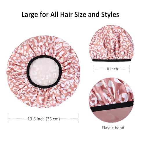 2-Pack Reusable Waterproof Shower Caps for Women, Double-Layer Elastic Bath hat,Extra Large Hair Cap for Long Curly Hair(White, Pink)