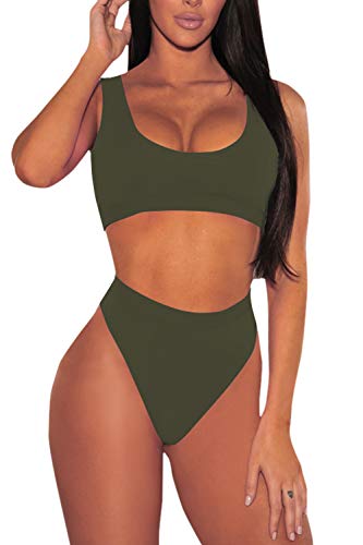 KAKALOT Ladies Sexy Scoop Neck Crop Top with High Cut Bikini Bottom Sets Beachwear XL Army Green