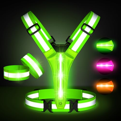 Led Light Up Running Vest Reflective Vest for runners night walking, Rechargeable LED Reflective Running Vest High Visibility with Adjustable Waist/Shoulde, Reflective Armband for Women Men (Green)