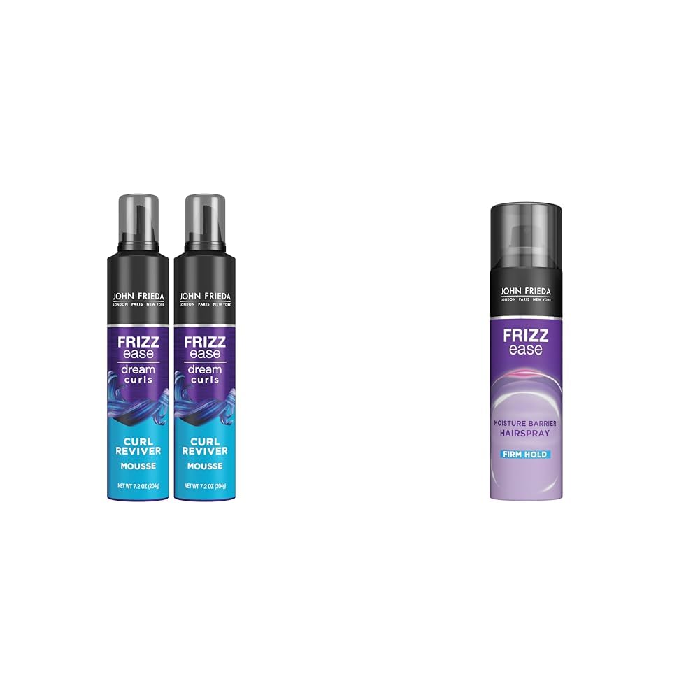 John Frieda Frizz Ease Curly Hair Reviver Mousse for Enhancing Curls & Soft Hold, and Moisture Barrier Firm Hold Anti-Frizz Hairspray, 2 Count
