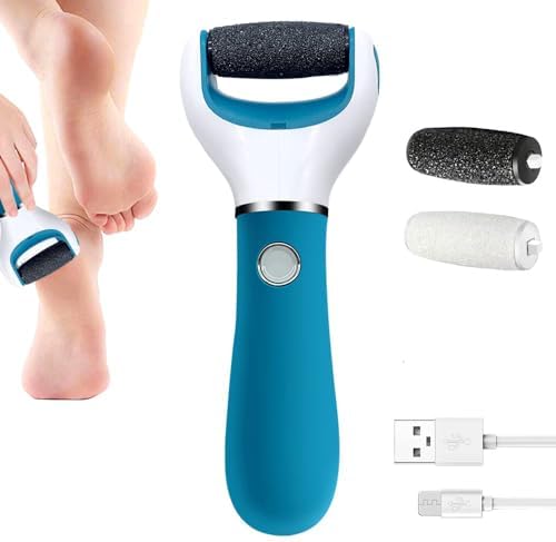 BOMPOW Foot Scrubber Electric Callus Remover Rechargeable Foot File Hard Skin Remover Pedicure Tools Electronic Callus kit for Cracked Heels and Dead Skin with 2 Roller Heads, Blue