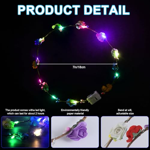 30 Pcs LED Flower Crown Headband,led Headbands,Light Up Flower Headbands for Women,Garlands Glowing Floral Wreath Crowns for Weddings,Halloween,Birthdays,Role-Playing,Beach Parties,Christmas