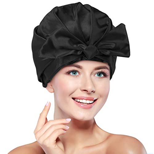 Large Reusable Waterproof Adjustable Shower Cap with Silk Satin Lined Luxury Shower Cap for Long Hair (Black)