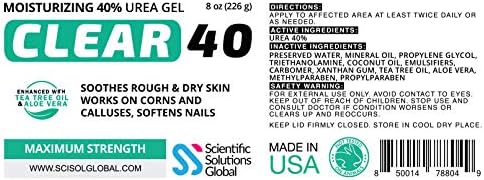 Clear 40, 40% Urea Gel, 8 oz w/Tea Tree & Coconut Oil, Aloe Vera Extract, Works on Calluses & Corns, Moisturizes & Softens Cracked Heels, Feet, Elbows, Hands, Nails, Superior Hydration to Urea Creams