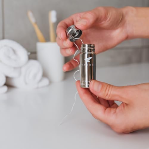 Biodegradable Dental Floss by TreeBird | Refillable & Reusable Zero Waste Steel Dispenser | 3x33yd Waxed Natural Cruelty Free Peace Silk Spools | 100% Compostable | Eco Friendly Plastic Free Oral Care