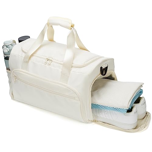 Gym Bag for Women, Small Fitness Workout Sports Bag with Wet Pocket & Shoes Compartment, Water Resistant Overnight Weekender Duffle Bag in Beige