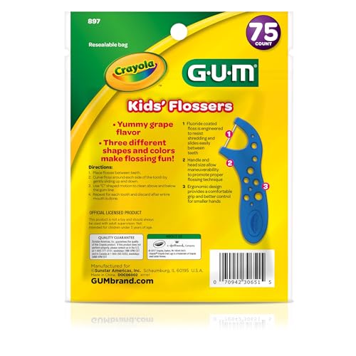 GUM Crayola Kids Flossers with Fluoride - Designed for Little Hands - Fun Grape Flavor - Easy to Use Kids Floss Picks for Children Ages 3+, 450ct