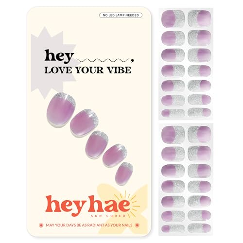 Heyhae Semi Cured Gel Nail Strips | No LED Lamp Needed | French, Purple | Easy Apply & Remove, Salon Quality | Includes 28 Strips, 1 Prep Pads, Nail File & Wooden Stick - Hey, Love Your Vibe