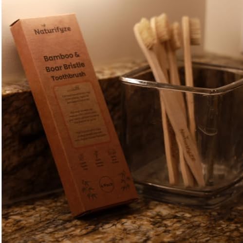 Boar Bristle & Bamboo Toothbrush (4 Pack) - Authentic Boar Bristles - Biodegradable - Plastic Free - Bamboo & Boar Bristle