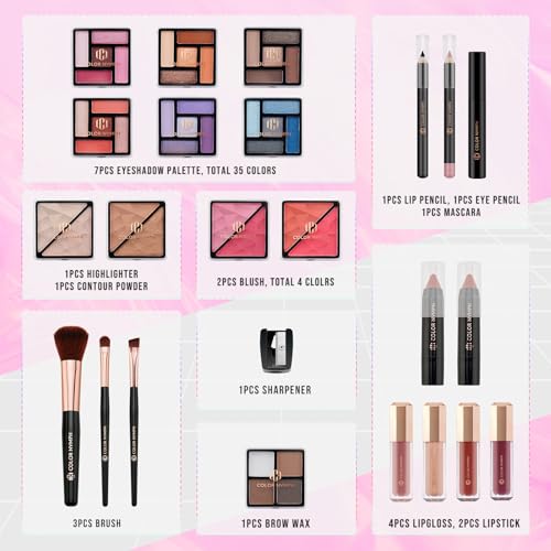Color Nymph Starter Makeup Kit for Tweens Girls, Train Case for Women Full Kit with Eye Shadow, Lipstick, Blush, Brushes, Lipgloss, Mascara, Brow Wax and Mirror Pink Full Starter Cosmetics Set