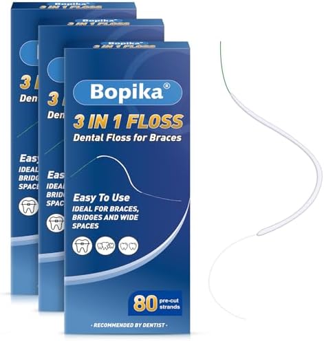 Bopika Dental Floss for Braces, 3 in 1 Ultimate Floss, Floss Threaders for Bridges and Implants, 80 Pre-Cut Strands (Pack of 3)