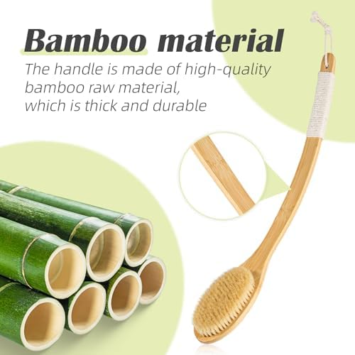 Bath Body Brush Shower, 22" Super Long Curved Bamboo Handle Antiskid Back Body Scrubber Wet/Dry Brushing, Moderately Soft Natural Bristle Body Brush for Showering