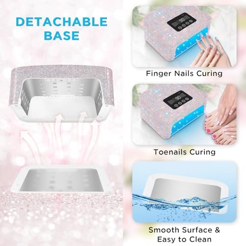 Cordless UV Nail Lamp, Rechargeable UV Light for Gel Nails, LED Nail Lamp with 4 Timer Modes, Gel Nail UV Light Decorate with Sparkling Nail Rhinestones (Sparkly White)