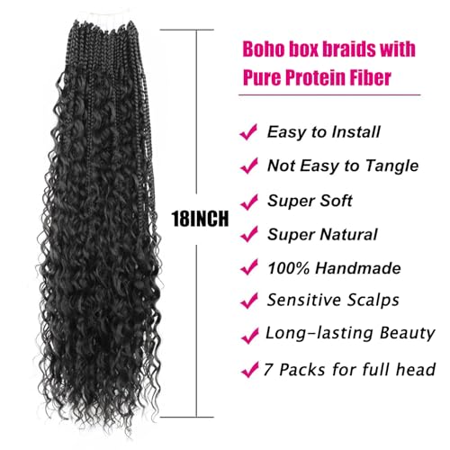 Boho Crochet Braids Pure Protein Fiber Close to Human Hair 18 Inch Goddess Box Braids with Soft Curls Bohemian Braids Crochet Hair for Black Women (18Inch 1B)