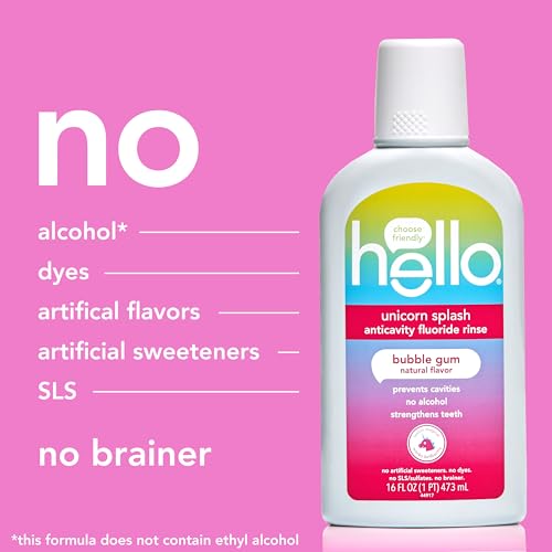 Hello Kids Mouthwash with Unicorn Bubble Gum Flavor, Alcohol Free Mouthwash for Kids with Fluoride, Safe for Ages 6 and Up, Anticavity, Vegan, No Alcohol, No Dyes, 16 Oz Bottles (Pack of 3)