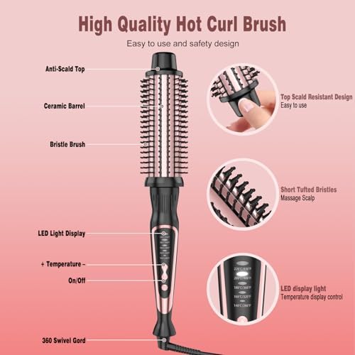 Heated Round Brush, Ceramic Tourmaline Ion Curling Iron, Hot for Fluffy Thermal Brush Curling Wand, Suitable for All Hair Types Tool (Rose Gold, 1.5 inch)