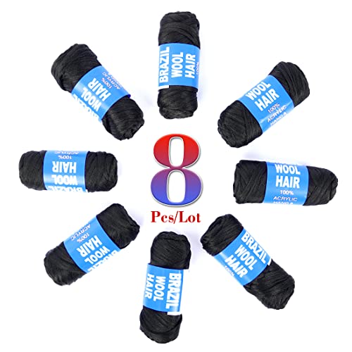 Brazilian Wool Hair Yarn for Braids 100% Brazilian Wool Hair Acrylic Yarn for African Braids/Spring Twist/Faux Locs/Wraps with Crochet Hook(8 Roll, Natural Black)