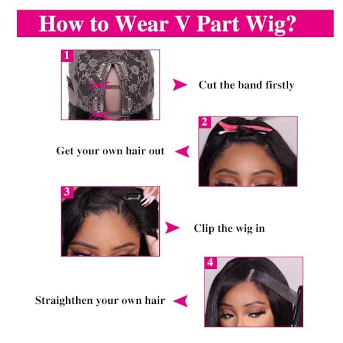 22Inch V Part Wigs Human Hair Straight Brazilian Human Hair Wigs for Black Women Upgrade U Part Wigs No Sew in NO Glue Half Wigs Human Hair 180% Density Natural Color