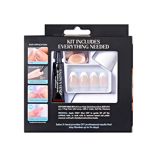 KISS Salon X-tend, Press-On Nails, Nail glue included, Pure', Light White, Medium Size, Oval Shape, Includes 30 Nails, 5Ml Led Soft Gel Adhesive, 1 Led Lamp, 1 Prep Pad, 1 Manicure Stick, 1 Mini File