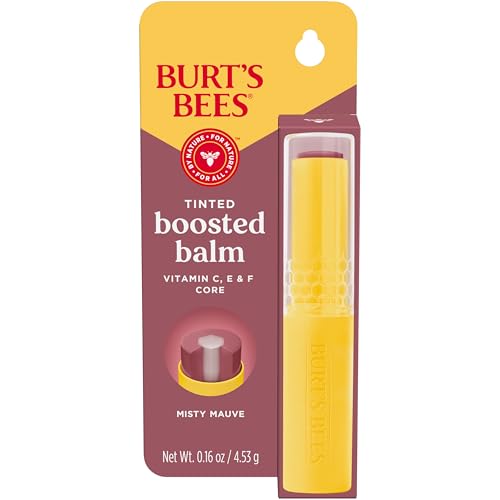 Burt’s Bees Tinted Boosted Balm, Misty Mauve, Hydrating Tinted Lip Balm with Vitamin C, E, and F Core, 24 Hour Lip Moisturizer with Responsibly Sourced Beeswax, 100% Natural Origin, 1 Count, 0.16oz