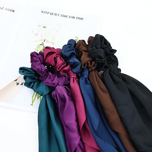 Cinaci 12 Pieces Solid Silky Satin Chiffon Hair Ties with Long Ribbon Bow Tail Hair Scrunchies Ponytail Holders Rubber Bands Accessories for Women Girls Teens