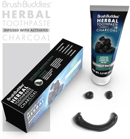 Brush Buddies Charcoal Toothpaste 6 Pack, 3.5 oz | Activated Charcoal Whitening Toothpaste | Fluoride-Free, Cool Mint | Herbal for Sensitive Teeth, Bad Breath & Stains