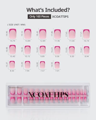 BTArtboxnails XCOATTIPS Pink French Tip Press On Nails - Short Press On Nails Square, Soft Gel Nail Tips, 160Pcs Soak Off Acrylic Pink Fake Nail Extension in 16 Sizes