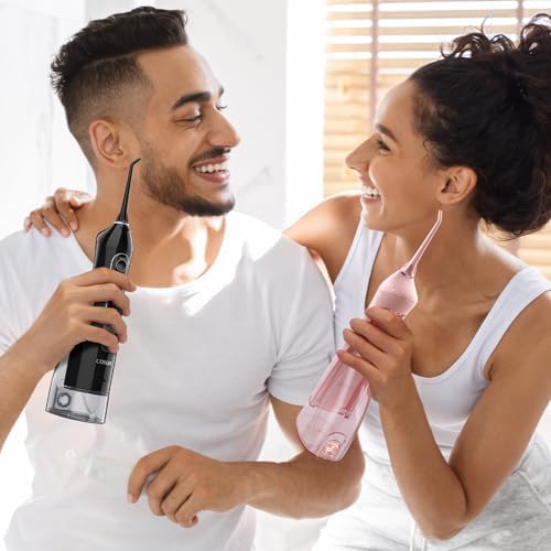 COSLUS 2 Pack Cordless Water Flosser with Elegant Packaging for Teeth, Braces, Gums Care - Easy to Use, Rechargeable, Waterproof, Portable for Travel, BPA-Free, Black & Pink, C20(F5020E)