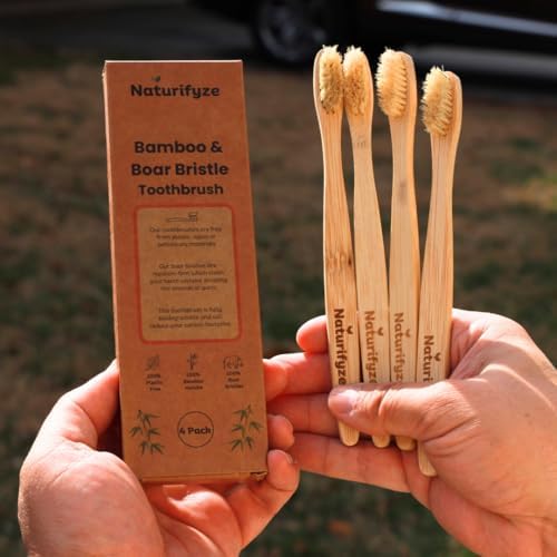 Boar Bristle & Bamboo Toothbrush (4 Pack) - Authentic Boar Bristles - Biodegradable - Plastic Free - Bamboo & Boar Bristle
