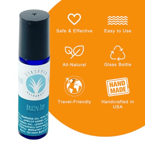 BRAIN ZAP Aromatherapy Roll On (12ml) for Energy, Focus, Mental Clarity, and Inspiration |Mood Lifting Citrus, Mint and Herbal Fragrance |Natural Study Aid | Birthday Gift | Wellness Stocking Stuffer