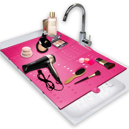 BRIAN & DANY Makeup Mat, Bathroom Sink Cover for Counter Space, Foldable Sink Topper Silicone Mat, RV Accessories, Space Saver, Pink, 19.3" x 15.6"