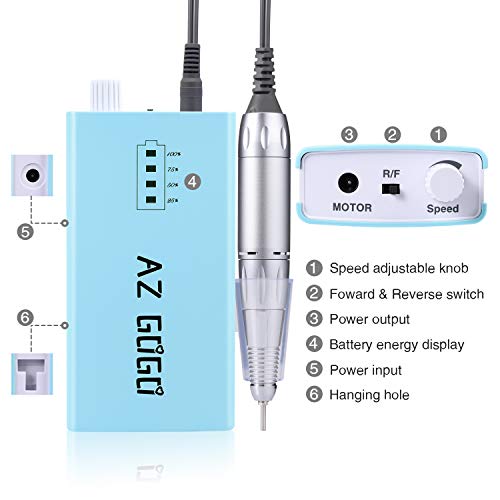 30000RPM Portable Nail Drill Machine, AZ GOGO Professional Rechargeable Electric Efile Nail Drill for Acrylic Gel Nails, Manicure/Pedicure, Polishing, Cuticle - Salon or Home Use(Blue)