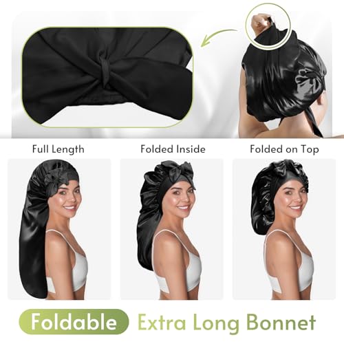 BONNET QUEEN Braid Bonnet Foldable Extra Long Bonnet for Braids Silk Bonnet Satin Bonnet with tie Band Hair Bonnet for Sleeping Night for Locs Black