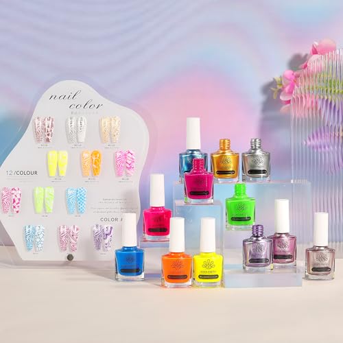 Born Pretty Nail Stamping Polish, 12 Colors Neon Metallic Effect Fingernail Stamp Polish Set Manicure Print Nail Polish for Stamping Plates Bulk Gift Collection 10ml 0.34fl oz Ideal Gifts