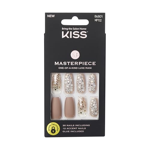 KISS Masterpiece Fake Nails One-of-a-Kind Luxe Manicure Set, 'Heirloom', 30 False Glue-On Nails including 12 Jewel Accent Nails