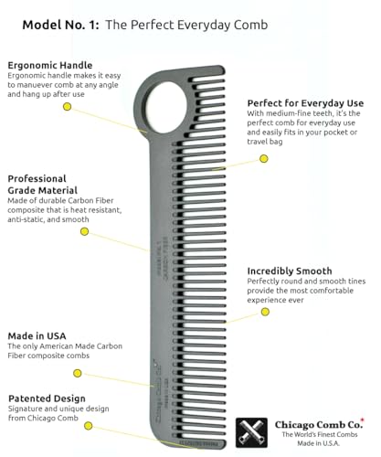 Chicago Comb Model 1 Carbon Fiber, Made in USA, smooth, strong, and light, anti-static, heat-resistant, 5.5 inches (14 cm) long, ultimate daily use, pocket, and travel comb