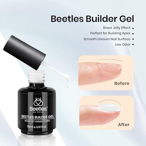 Beetles Builder Nail Gel & Top Coat and Base Coat Set-3Pcs 15ml White Gel Nail Polish Strengthener Gel Polish Soak Off UV LED for Nail Extension, Nail Repair, Shine Effect Long Lasting